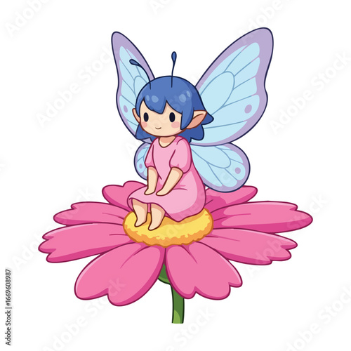 Cute Fairy with Butterfly Wings on Pink Flower.