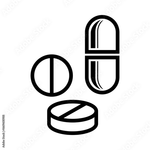Vector design symbol illustration icon of various medicine pills and capsules, representing healthcare, pharmacy, and medication.
