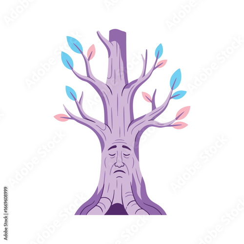Sad anthropomorphic tree with purple trunk and colorful leaves.