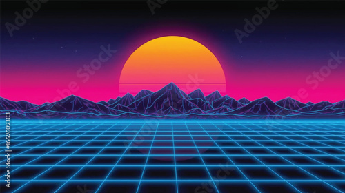 Retro 80s Synthase Sunset Landscape with Neon Grid Mountains Vector Illustration, Ai Generate.