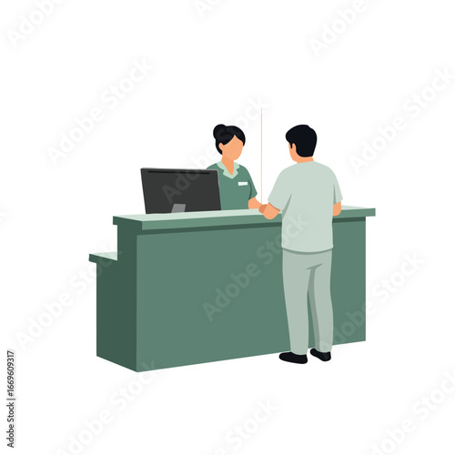 Patient interacting with medical receptionist at clinic reception desk.