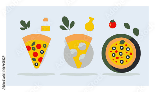 Flat Cartoon Style Pizza Slice and Whole Pizza Illustration Design