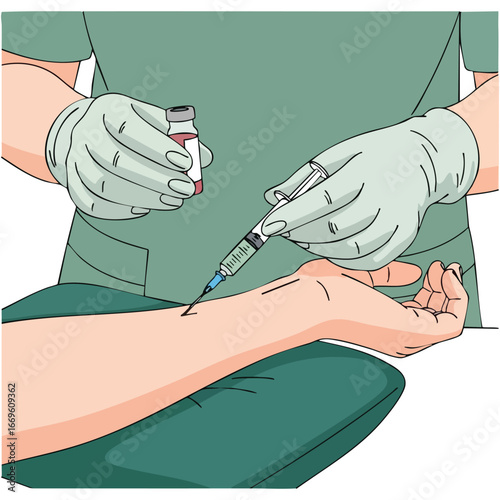 Illustration of a healthcare worker in gloves giving an injection into a patients forearm.