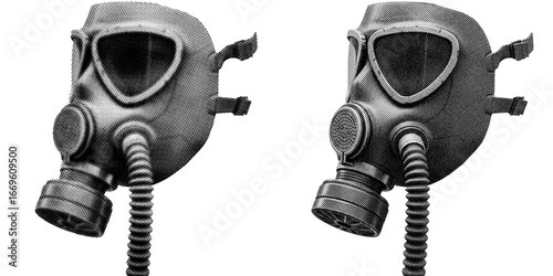 Retro vintage Gasmask halftone on transparent PNG. Ideal for overlays, posters, and designs. High-res, AI-based with human edited effects. Old vintage Gasmask in trendy dotted pop art style.