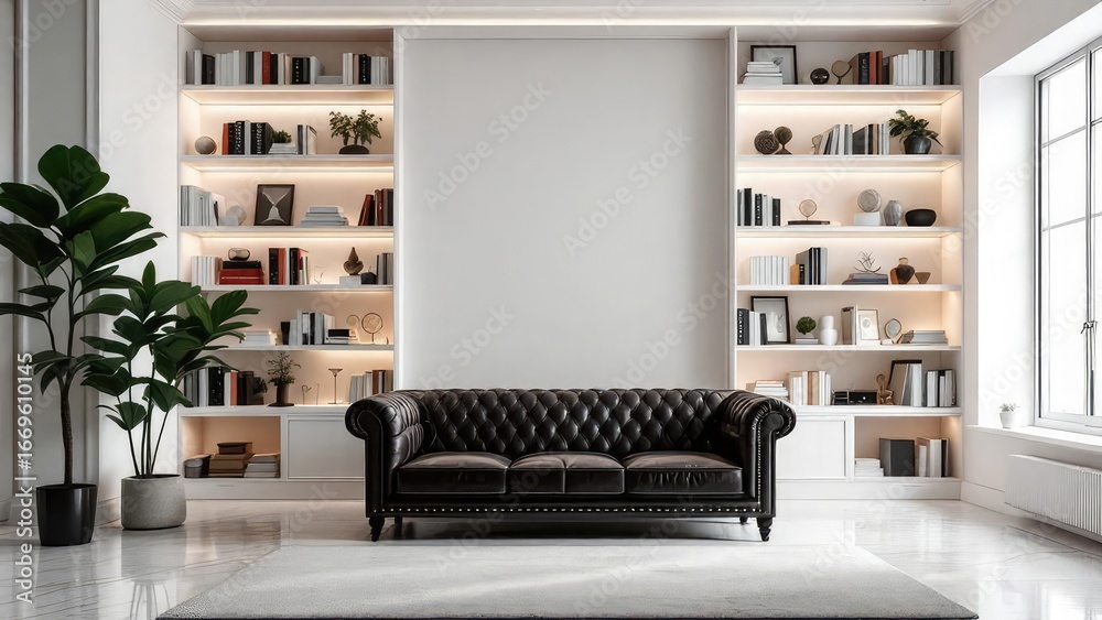 Fototapeta premium A chesterfield sofa in a bright living room with built in bookshelves and a large houseplant in a pot