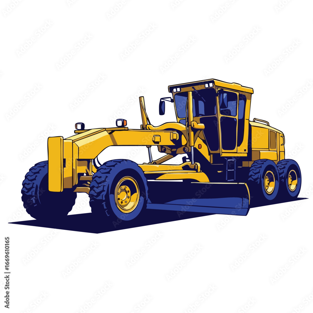 Naklejka premium Yellow Motor Grader: Heavy Construction Equipment for Road Work and Land Leveling.