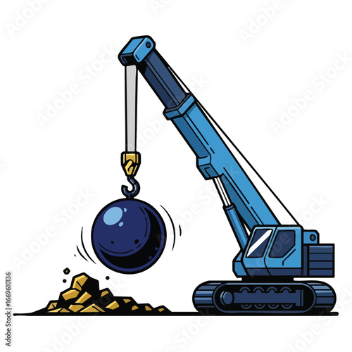 Cartoon Illustration of a Blue Demolition Crane and Ball.
