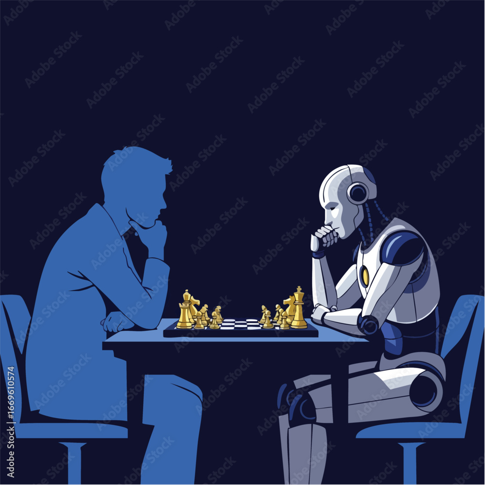 Naklejka premium Human vs Robot Chess Match: Strategic Confrontation.