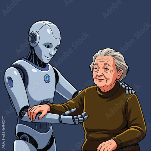 A caring humanoid robot assistant provides support to a smiling elderly woman.