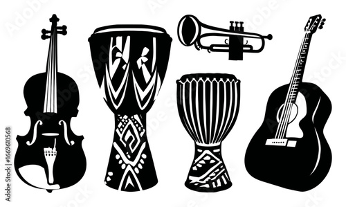 Hand Drawn Musical Instruments with Violin, Drums, Trumpet, and Guitar