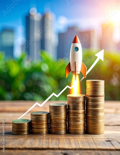 Rocket launching from atop rising stacks of coins against a city backdrop