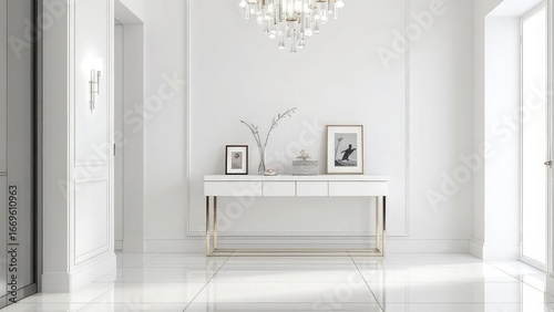 A bright hallway with a white console table and a chandelier hanging from the ceiling above it all