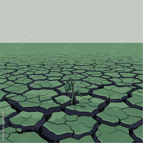 Lone green sprout in cracked dry earth symbolizing resilience and new life in a desolate landscape.