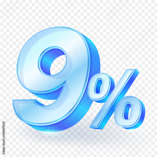 3d Number “9%” symbol with glass glowing. Represents Nine percent value, isolated on a transparent background. Ideal for promotions, discounts, sales, finance and advertising designs. Vector file.