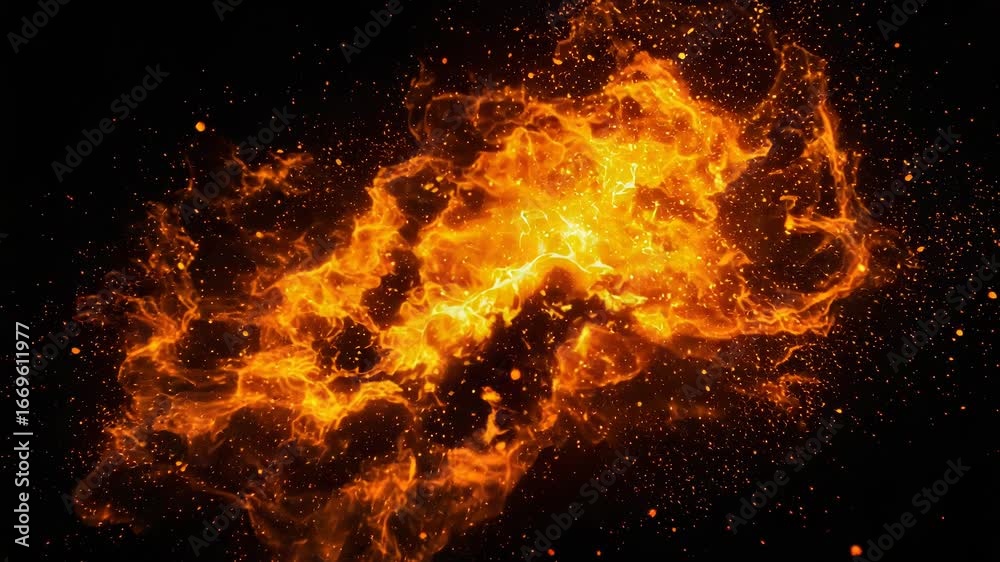 A vibrant and intense explosion of orange fire and glowing particles erupts against a dark, abstract background
