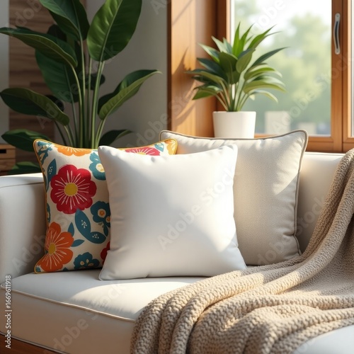 Pillow mockup a cozy couch with pillows and a blanket next to plants and a window creating a peaceful atmosphere