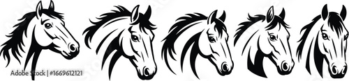 Stylized horse head illustration set, black and white equine profile vector art, bold line horse designs for logo and graphic use