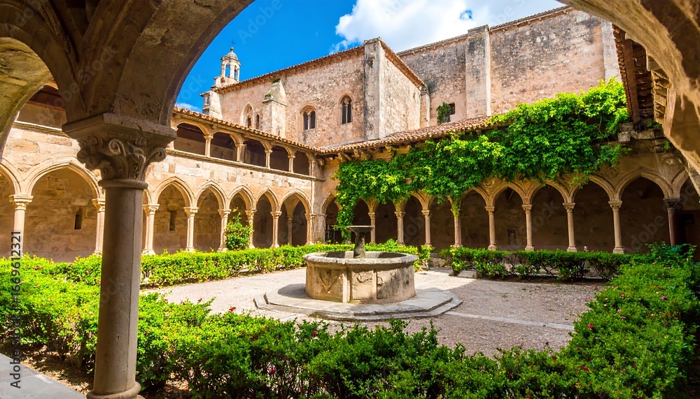 Fototapeta premium A serene courtyard within a historic monastery, showcasing intricate stone arches, lush greenery, and a central fountain, bathed in bright sunlight.