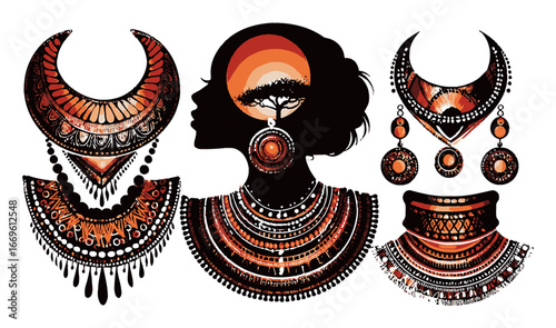 Abstract Illustration of Tribal Jewelry and Silhouette in Earthy Tones