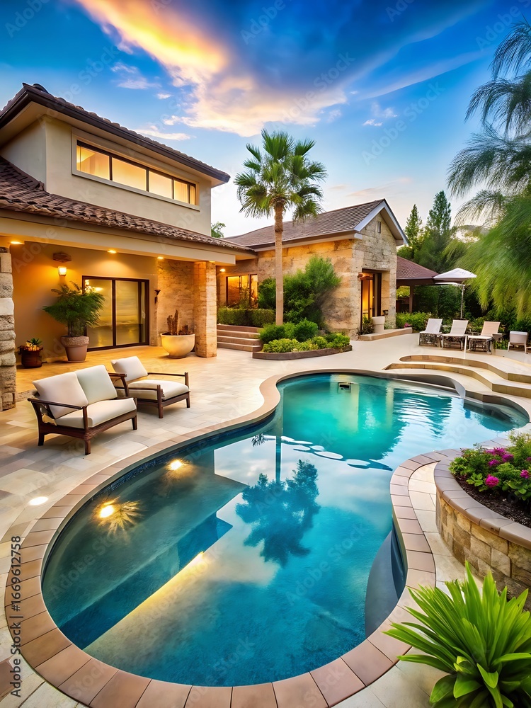Fototapeta premium Large pool with a house in the background