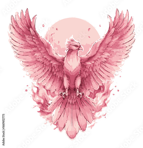 Majestic Pink Phoenix Rising with Outstretched Wings in a Cartoon Style