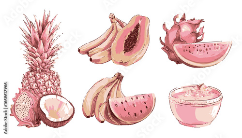 Vibrant Cartoon Fruits Illustration in Pink Tones for Creative Projects
