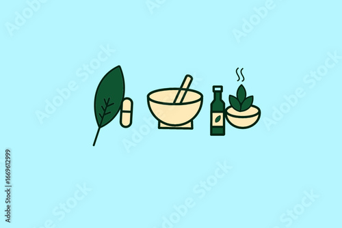 Herbal Medicine and Natural Remedy Illustration with Leaf, Bowl, Oil Bottle and Capsules