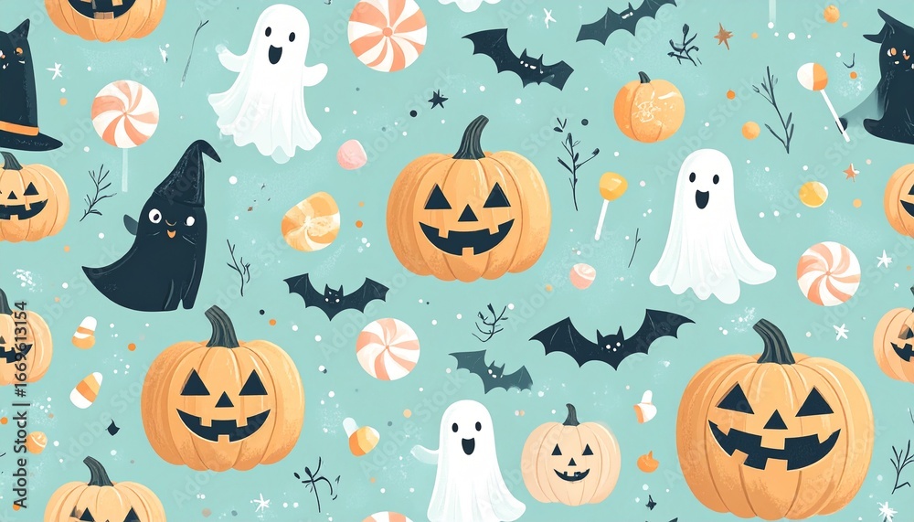 Naklejka premium A spooky seamless Halloween pattern with a cartoon set of pumpkins, bats, ghosts, and black cats for an autumn holiday illustration