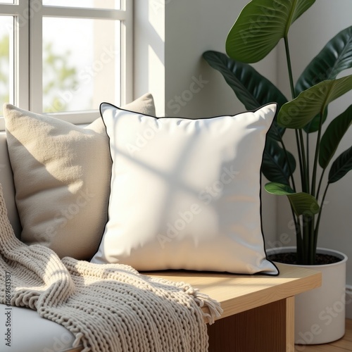 Pillow mockup a cozy corner with pillows, a soft blanket, and a potted plant near a bright window creates a serene scene
