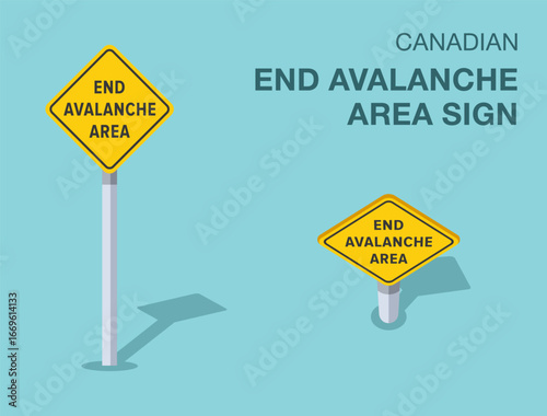 Traffic regulation rules. Isolated canadian "end avalanche area" road sign. Front and top view. Flat vector illustration template.