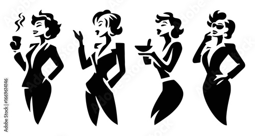 Vintage Style Silhouette Illustration of Stylish Women Engaging in Activities