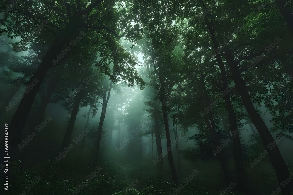 Obraz premium Foggy, tall trees, dense forest, soft light.