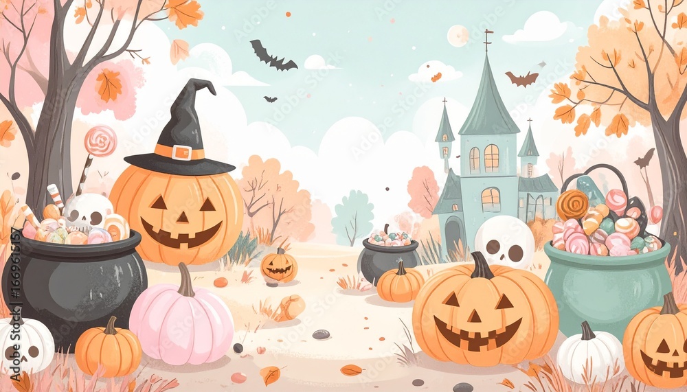 Fototapeta premium Spooky Halloween vector illustration set with pumpkins, bats, and a witch hat, perfect for an autumn night party design