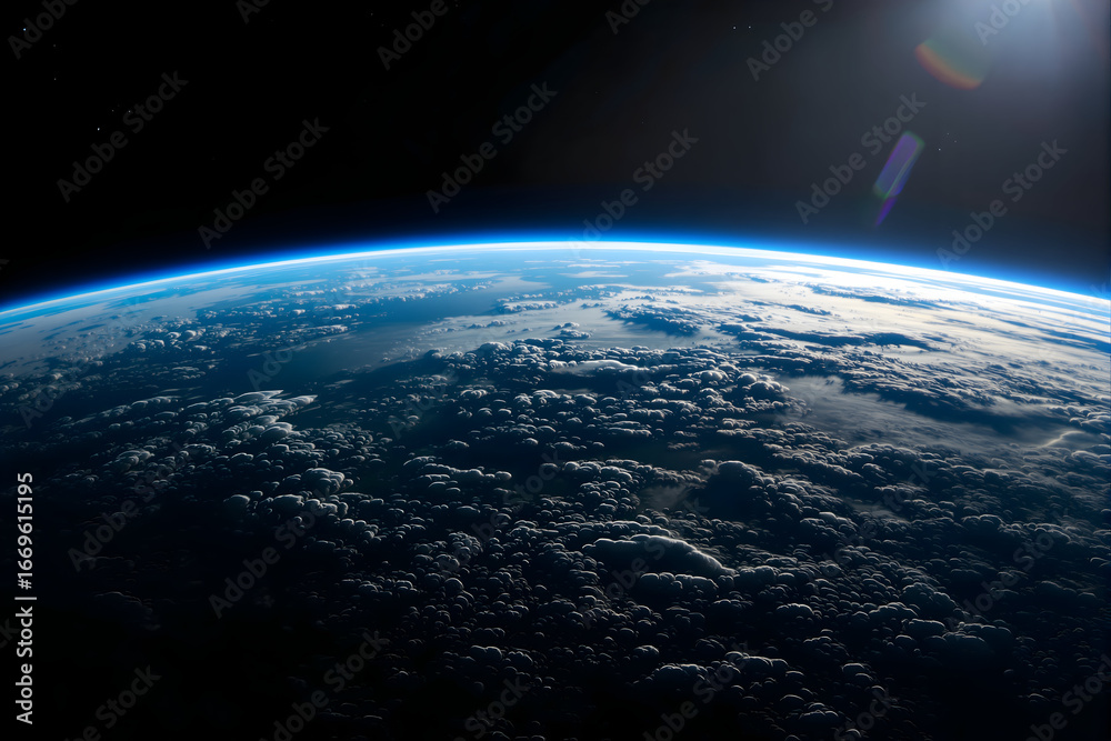 Fototapeta premium Dramatic High Angle View of Planet Earth in Space With Visible Blue Atmosphere And Clouds