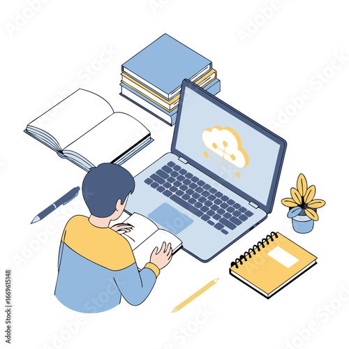 Man sitting with laptop studying online courses and e-learning at desk
