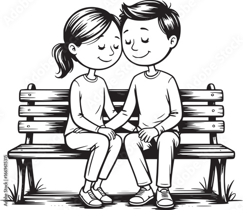   Romantic Rendezvous: A Tender Embrace: An illustration of a couple seated together on a bench, hands clasped in a tender embrace, eyes closed.