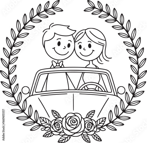Wedding Car Illustration: A charming black and white illustration captures a joyful couple in a classic car, framed by a wreath of leaves and flowers, perfect for wedding-themed projects.