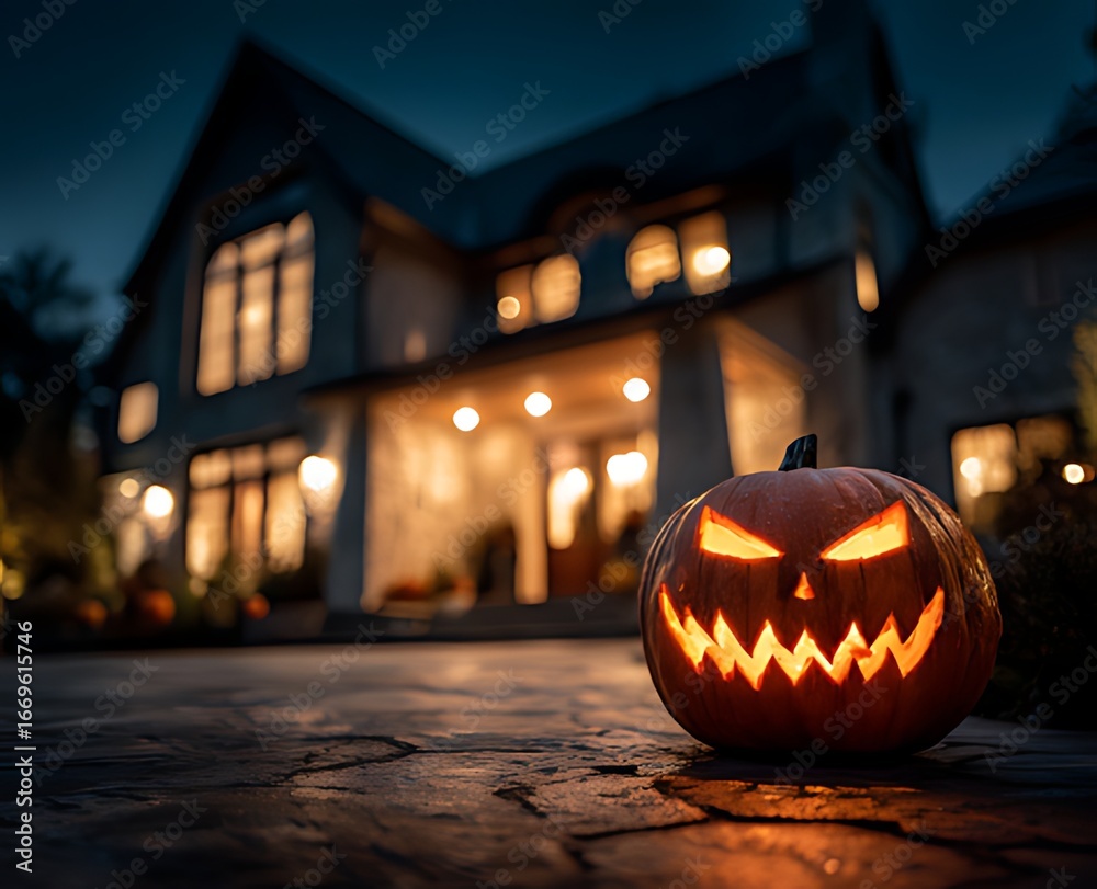 Fototapeta premium A jack o lantern sits on a driveway in front of a house