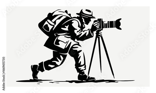 Photographer in Action with Camera and Tripod Capturing a Moment