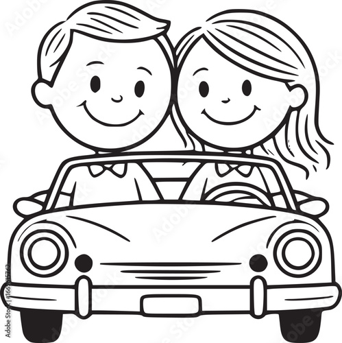 Joyride Journey: A hand-drawn sketch of a smiling couple embarking on a journey, cruising together in a classic car, capturing the essence of togetherness and the thrill of exploration.