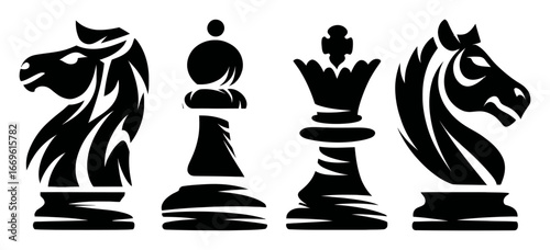 Black and White Chess Pieces Stylized Shapes for Game Strategies