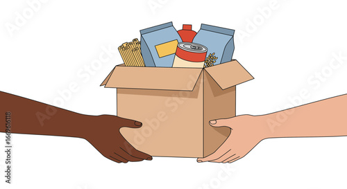 Hands Exchanging a Box of Food Helping and sharing during difficult times concept