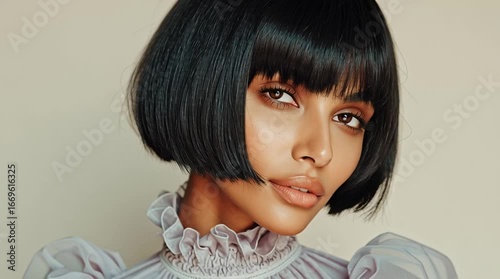 Portrait of woman with short black bob haircut, elegant fashion look, soft natural makeup, modern beauty style close-up