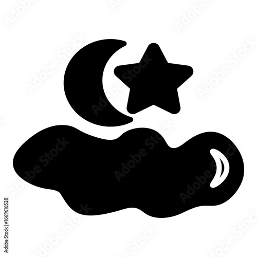 Conceptual, solid icon of a cloud with celestial objects, representing cloud-based services, night mode, or downtime.