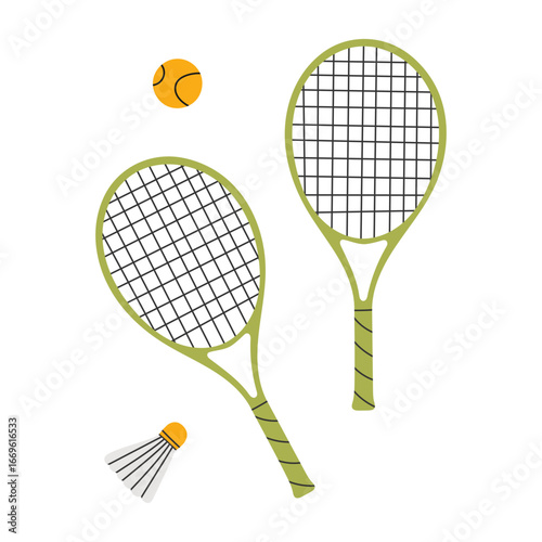 Tennis rackets, ball, badminton shuttlecock. Crossed racquets, sport game equipment, supplies for playing tenis. Flat graphic vector illustration isolated on white background