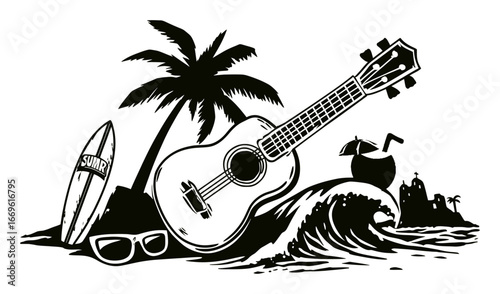 Tropical Beach Scene with Guitar, Palm Trees, and Surfboard Elements