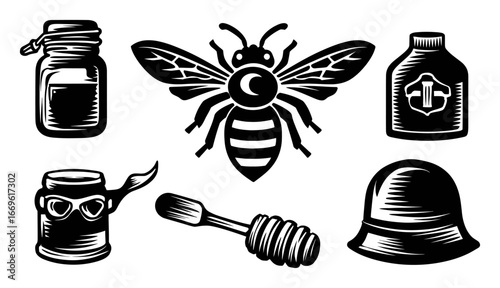 Vintage Black and White Bee Illustration with Honey and Jar Elements