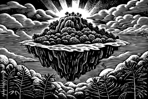 Floating island concept, imaginative fantasy landscape hovering above clouds in magical black and white sketch.