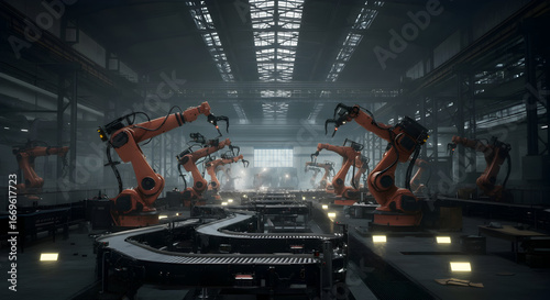 Wide angle shot of a factory interior featuring many robotic arms. Focus is on the repetitive automation of industrial process. Dark scene.