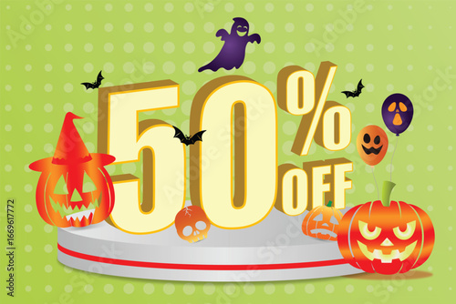 Halloween sale promotion with fifty percent off and spooky decorations.